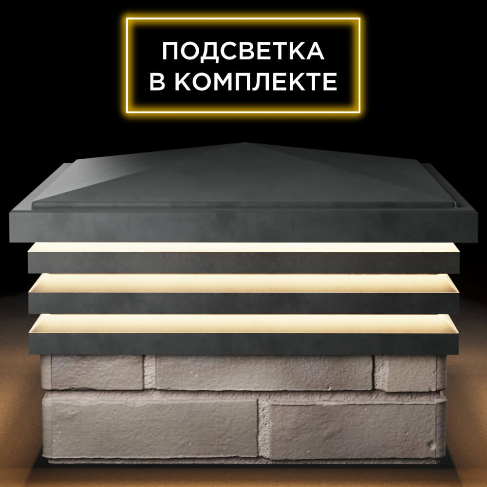 Колпак Zking Бона ХайТек Серый на столб 1.5х1.5 кирпича (385х385мм) с подсветкой Красногорск фото